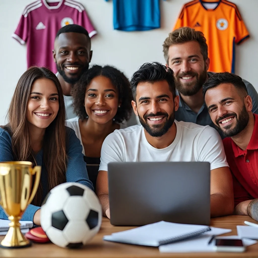A diverse team of writers and researchers collaborating at a table with football memorabilia in the background, representing the Football Legends Today team.