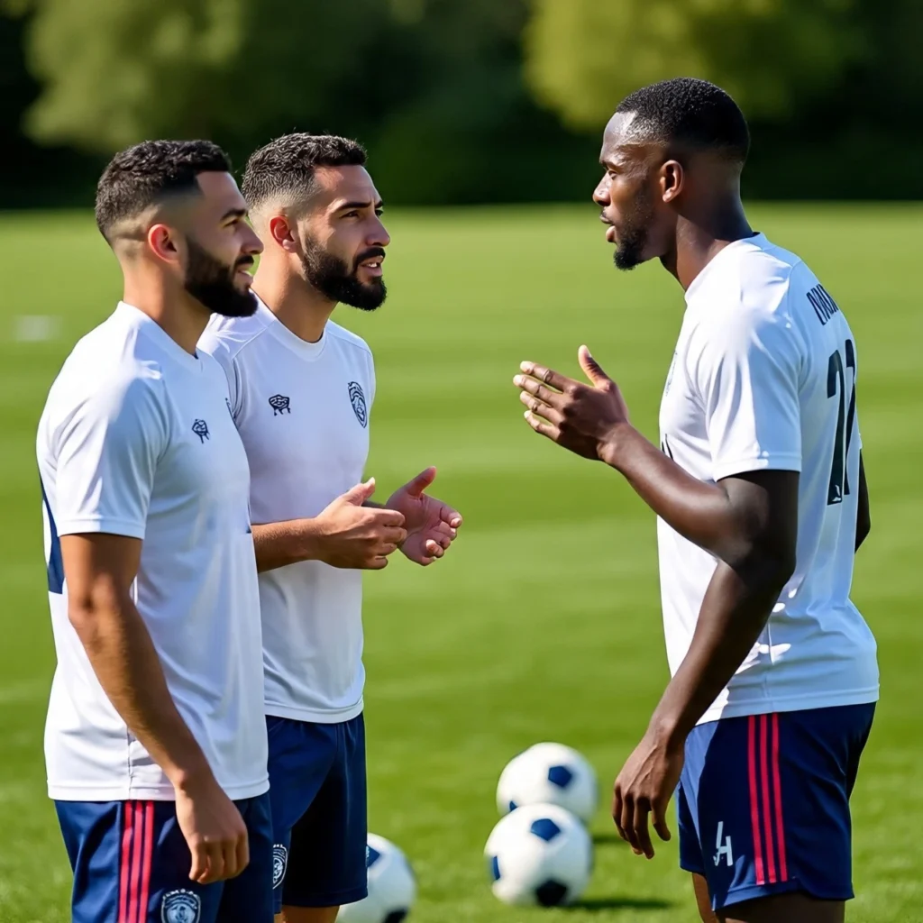Three soccer players in white training jerseys having a discussion on the field during practice, with footballs in the background.