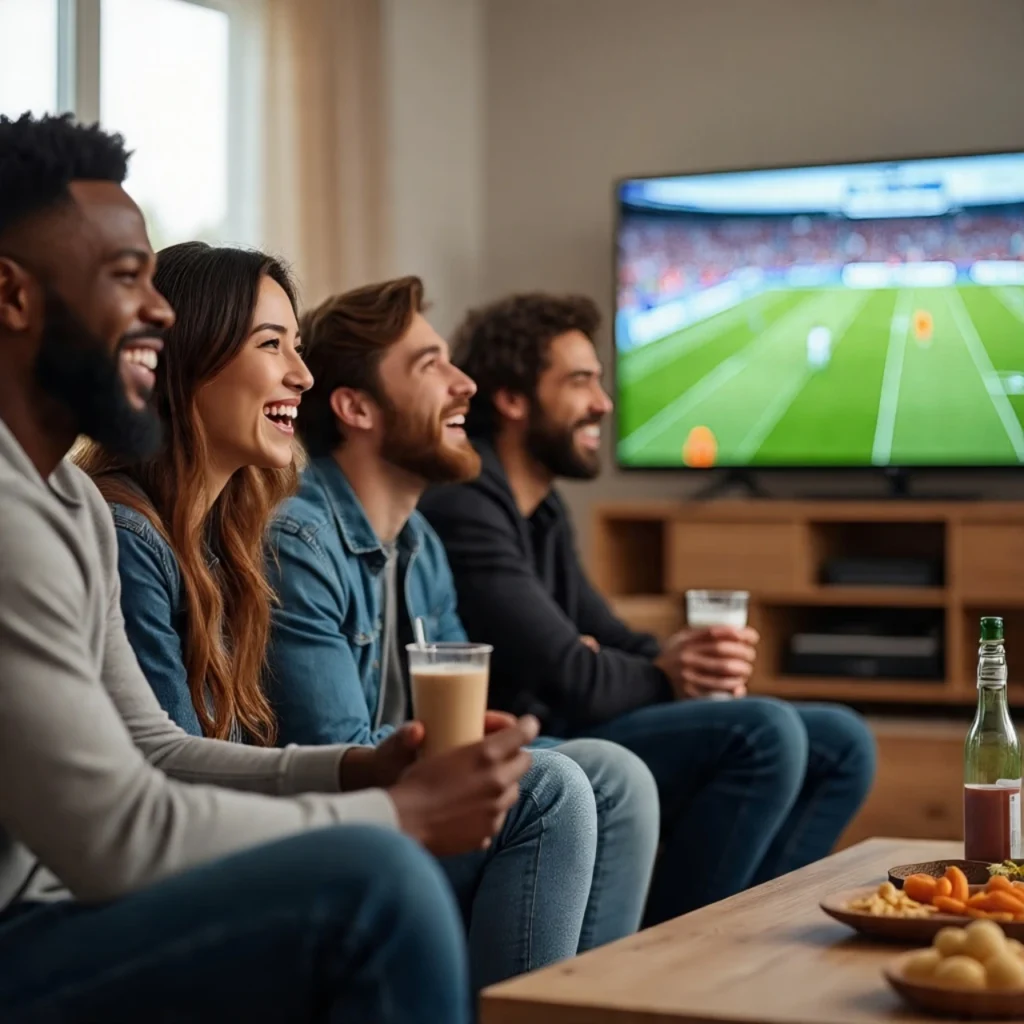 A diverse group of passionate fans enjoying a football match together, representing the Football Legends Today community.