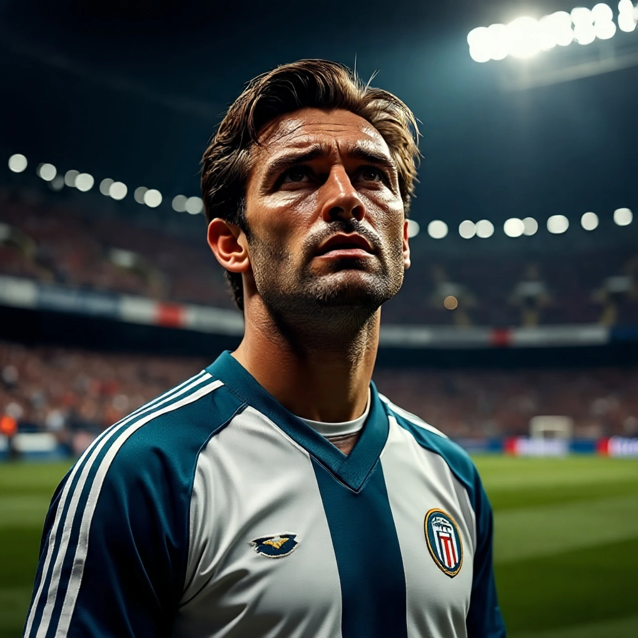 Portrait of a legendary football player standing proudly in a stadium, wearing a classic football kit with a focused expression.
