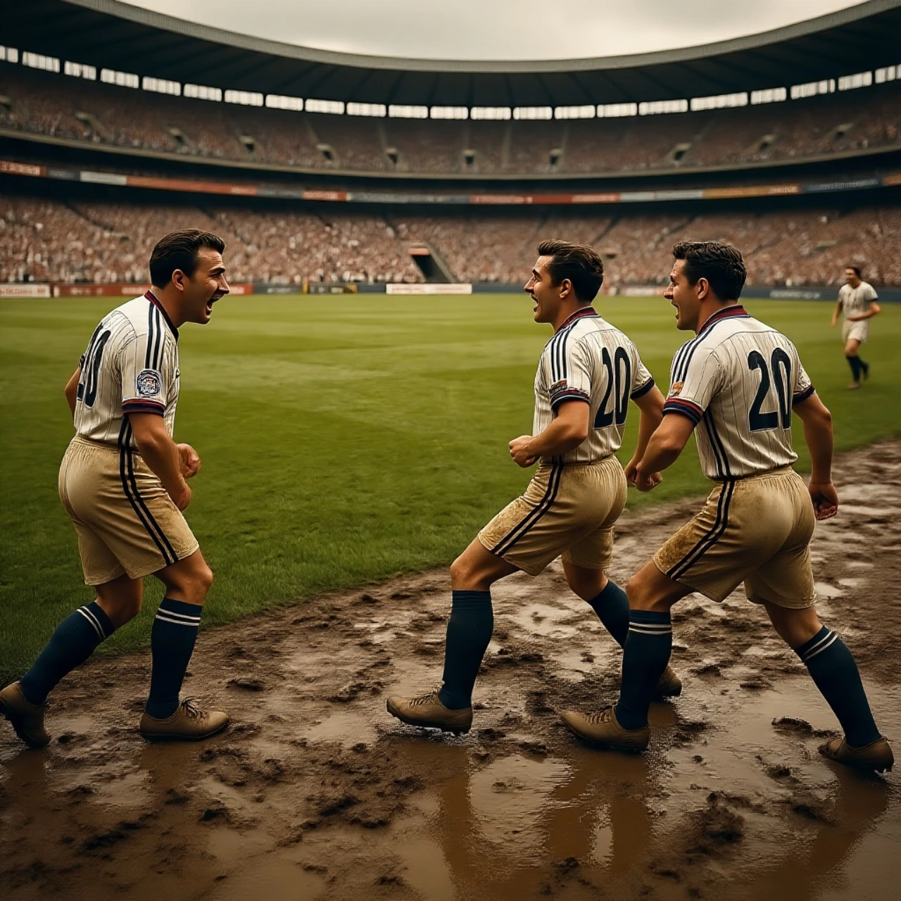 Historic football match scene with vintage kits and a classic stadium atmosphere, captured in a nostalgic style.