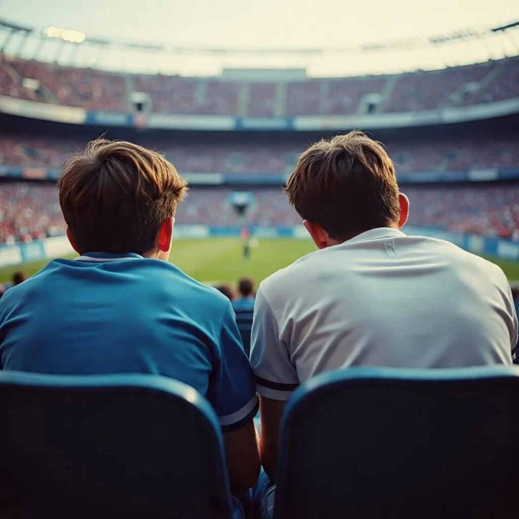 Two young fans watching a football match from the stands, representing the passion behind our story.