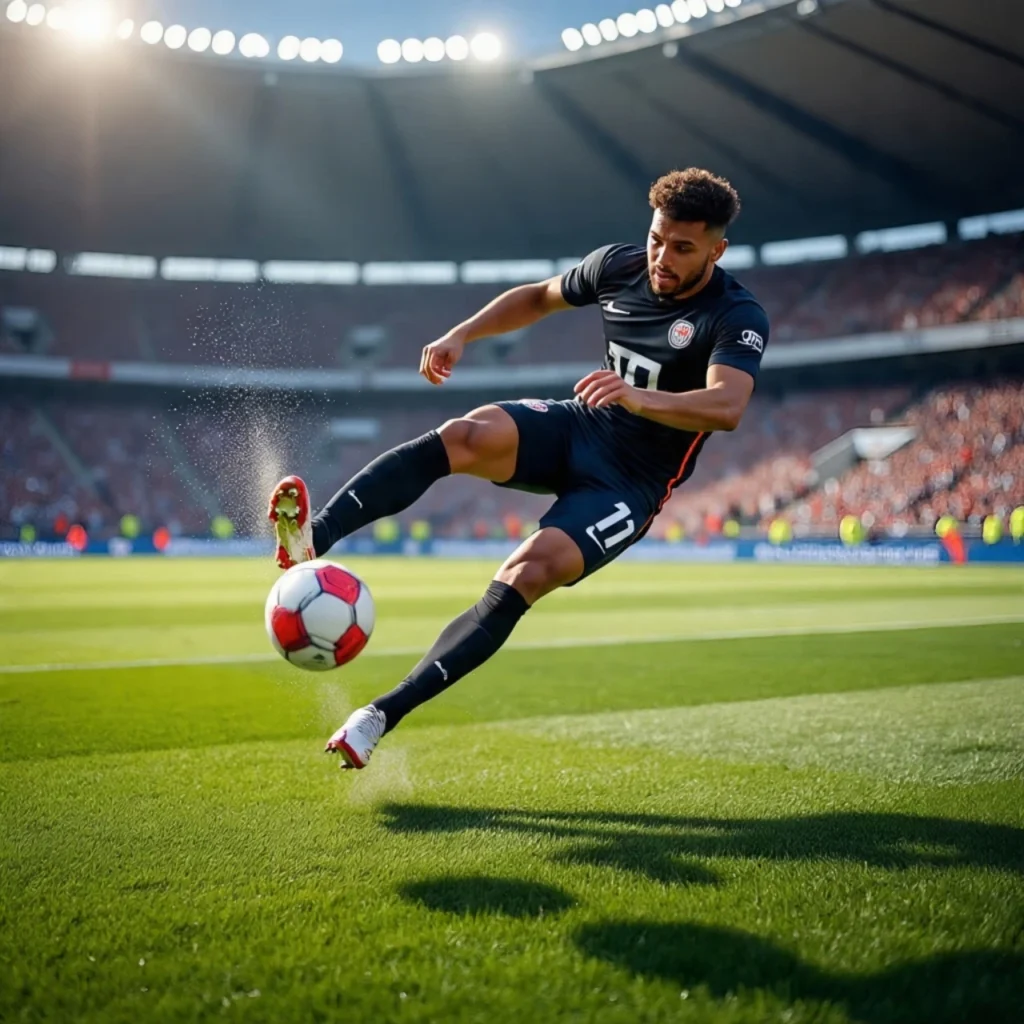 Full body shot of a football player executing a spectacular bicycle kick at golden hour.