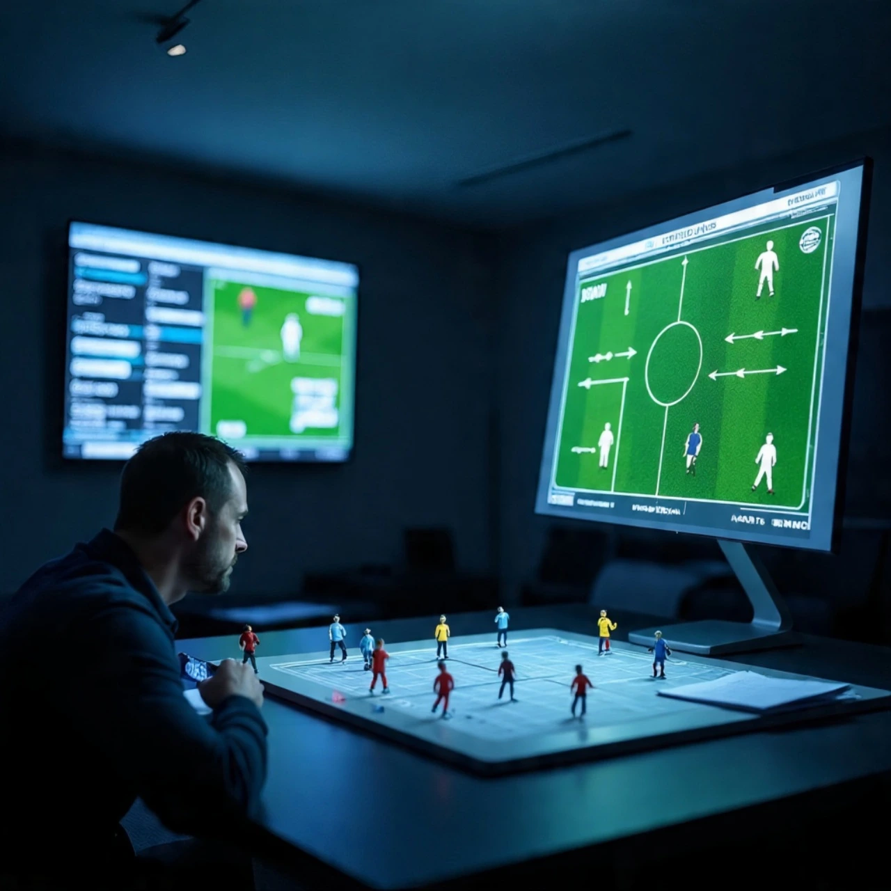 Tactical football board showing player positions and movement arrows, with a coach analyzing strategy in the background.