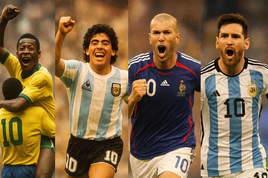 Montage of four famous Number 10s (Pelé, Maradona, Zidane, Messi) celebrating a goal.