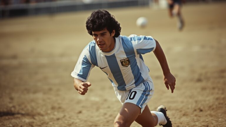 Iconic image of Diego Maradona running on the pitch during the 1986 World Cup.