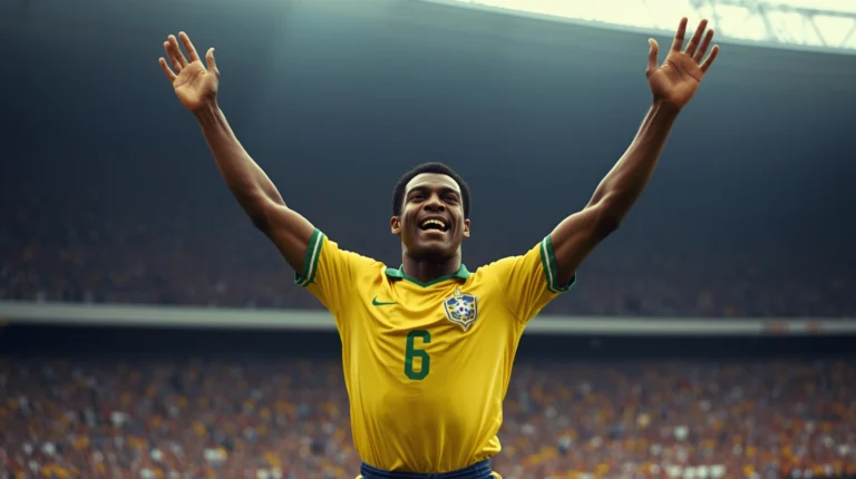 Pelé in his prime wearing Brazil jersey, celebrating with arms raised after scoring a goal in a packed stadium