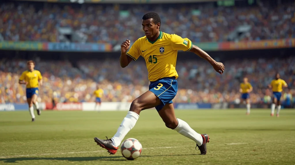 Practical example of Pelé in real life, dribbling past defenders or taking a powerful shot during a football match