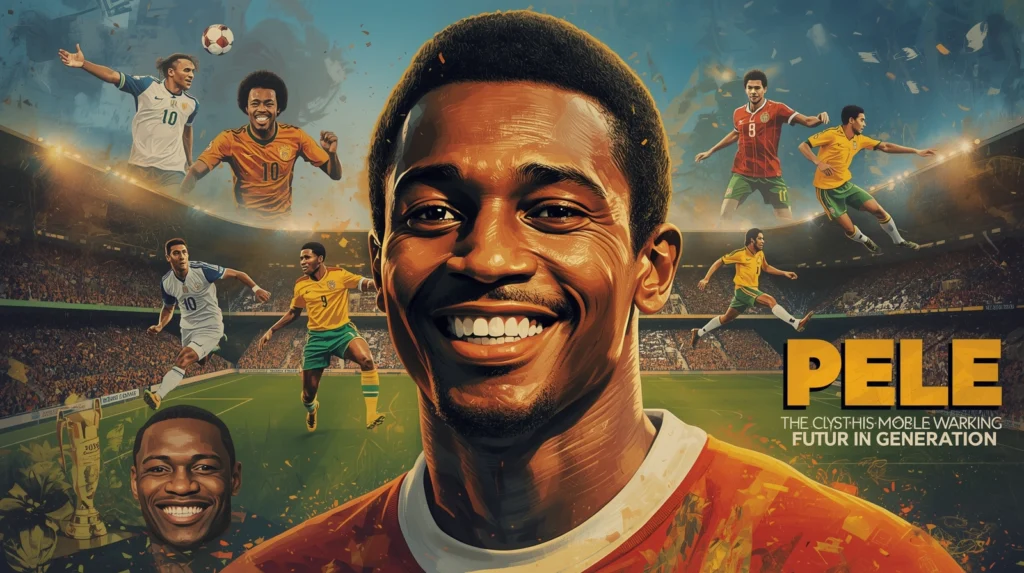 Future potential of Pelé, an artistic rendering or mosaic showcasing his famous moments and enduring legacy