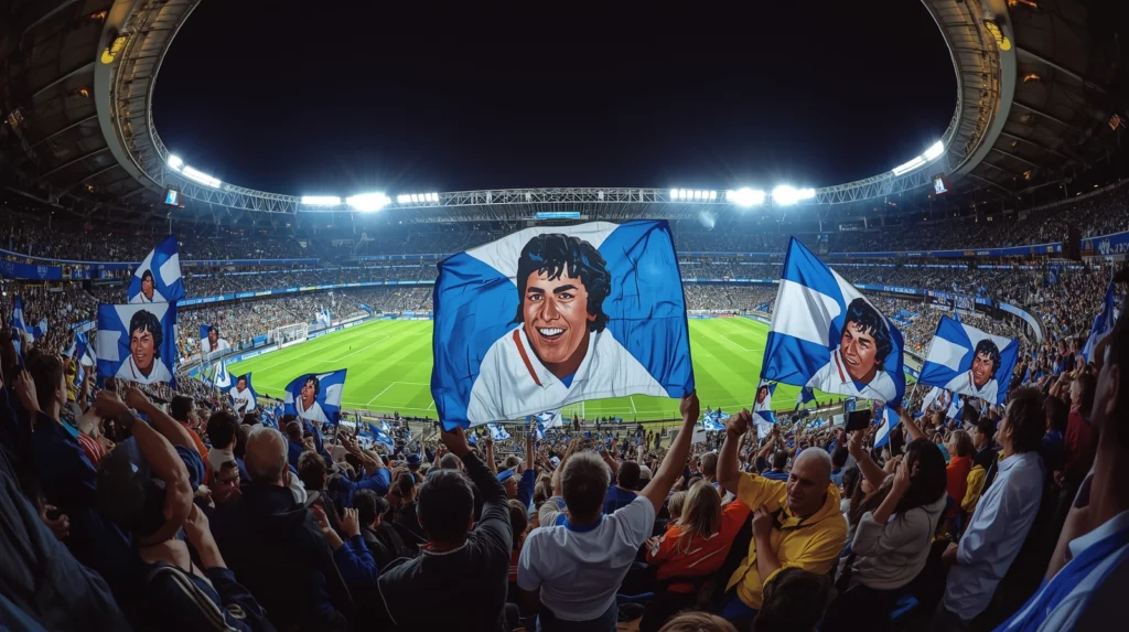 A vibrant photo of Napoli fans cheering wildly in the Stadio San Paolo in the 1980s.