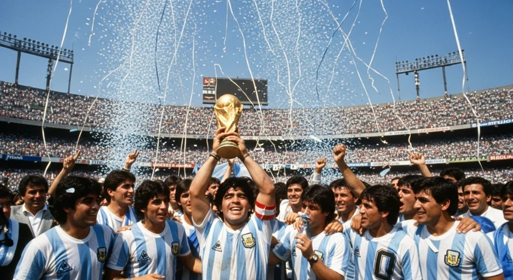 Diego Maradona leaping while holding the World Cup trophy high in the air at the Azteca Stadium in 1986.