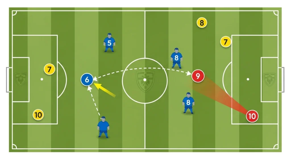 Tactical diagram showing a deep-lying playmaker distributing the ball from midfield.