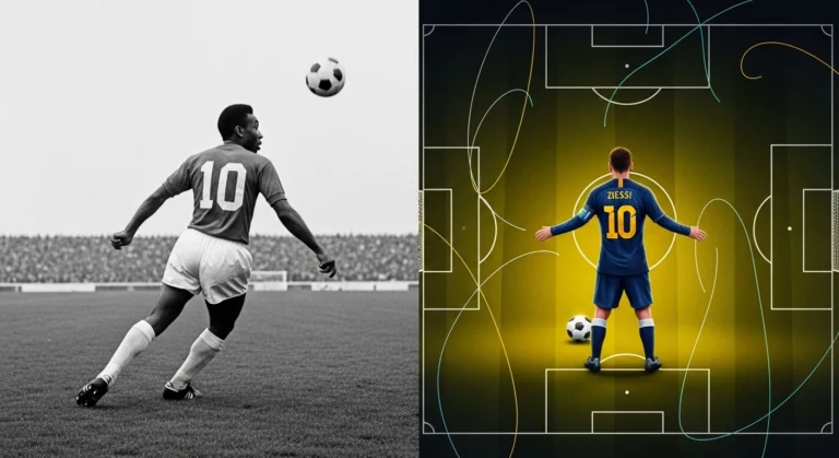 Digital illustration showing Pelé and Messi representing the evolution of the Number 10 role in football, from vintage black-and-white to modern color style.