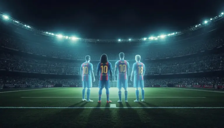 Camp Nou stadium at night with holographic Barcelona legends Messi, Ronaldinho, Cruyff, and Xavi standing on the pitch under bright floodlights.