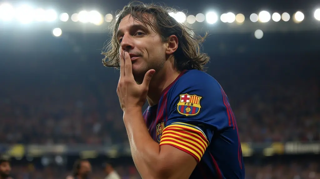 Carles Puyol kissing the Catalan flag on his captain’s armband while celebrating a goal in Barcelona’s 6–2 win over Real Madrid during the 2009 season.