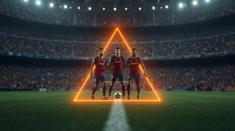 Illustration of three football midfielders forming a triangle passing pattern, showcasing the Tiki-Taka playing style.