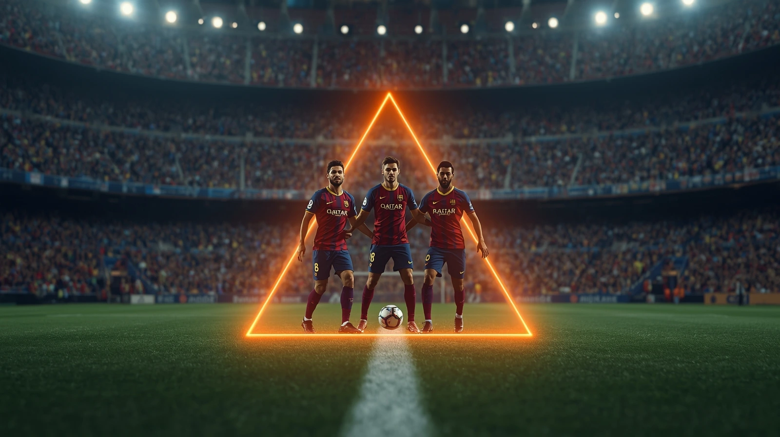 Illustration of three football midfielders forming a triangle passing pattern, showcasing the Tiki-Taka playing style.