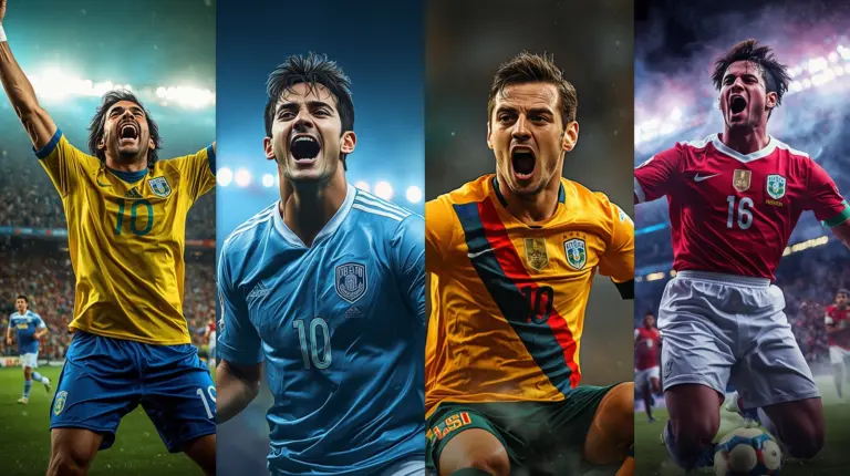 Collage of iconic World Cup moments: Maradona's Goal of the Century, Martinez's final save, Tardelli's celebration, and Pelé's 1958 goal.