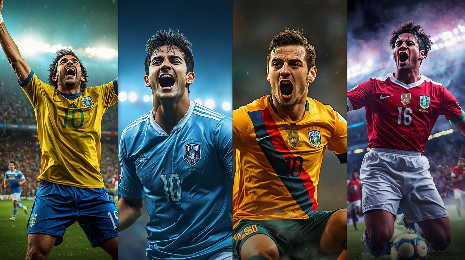 Collage of iconic World Cup moments: Maradona's Goal of the Century, Martinez's final save, Tardelli's celebration, and Pelé's 1958 goal.