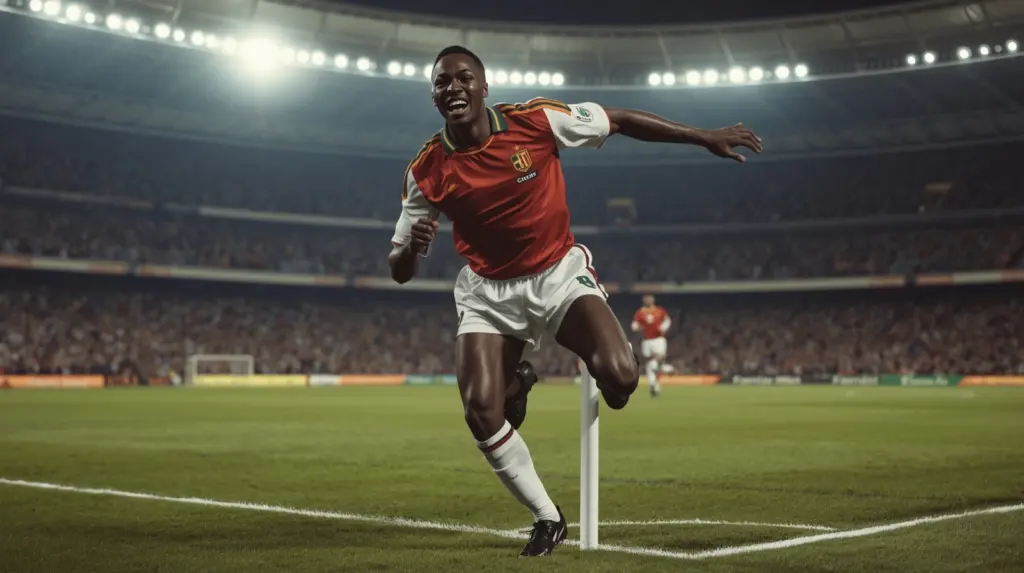 Roger Milla performing his iconic corner flag dance for Cameroon at the 1990 World Cup.