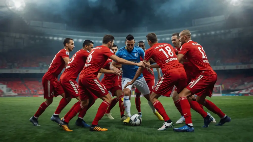 Modern high-pressing football tactics pressuring a possession-based team during a match.