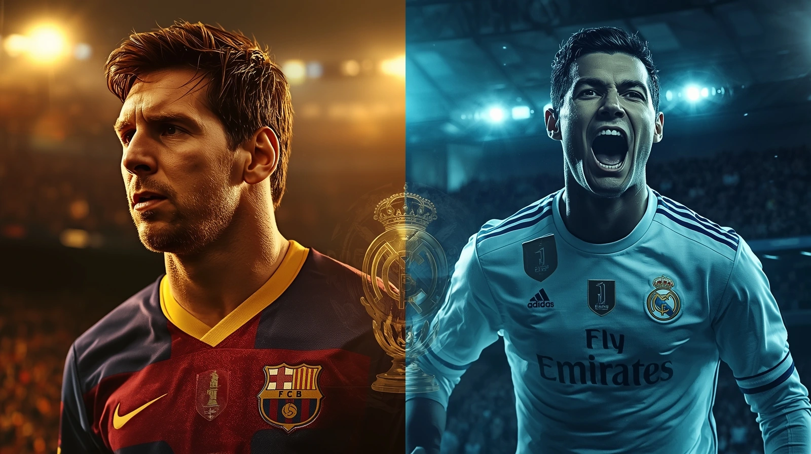 Hyper-realistic split-screen image of Lionel Messi and Cristiano Ronaldo during El Clásico rivalry with a golden goat trophy in the center.