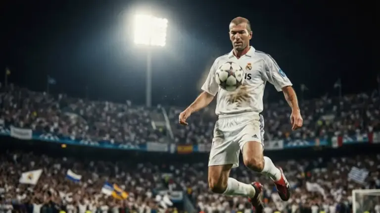 Zinedine Zidane controlling the ball calmly during a match showing his elegant playing style