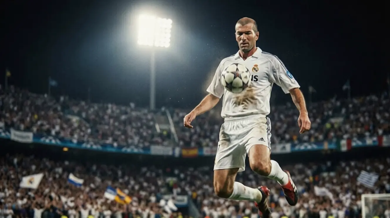 Zinedine Zidane controlling the ball calmly during a match showing his elegant playing style