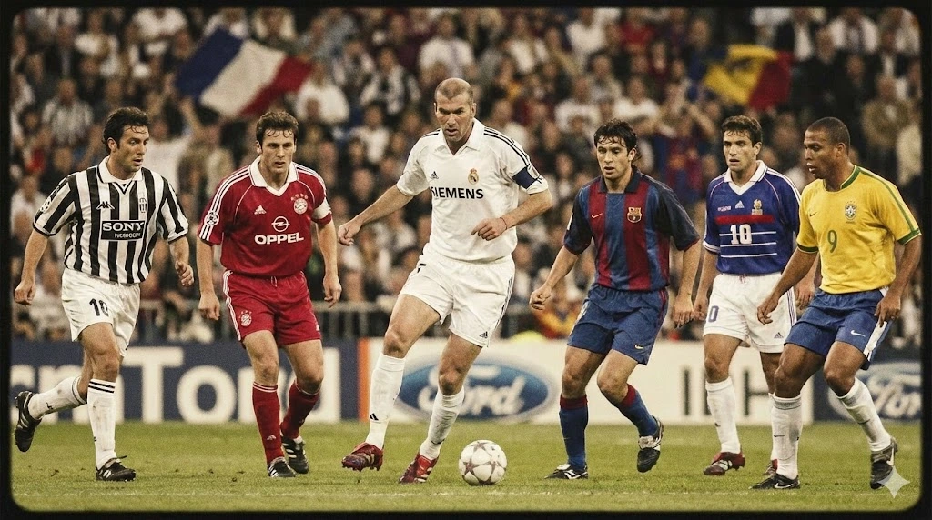 Zidane controlling the tempo of the game while defenders close in